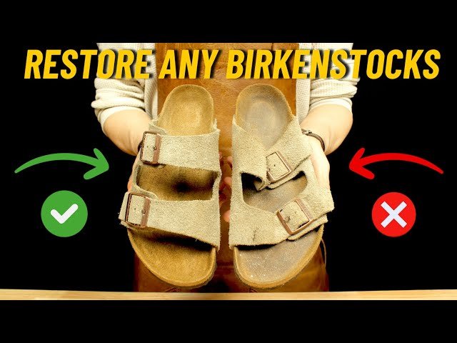 Close-up of hands cleaning a Birkenstock cork footbed with a brass brush and baking soda paste on a wooden table