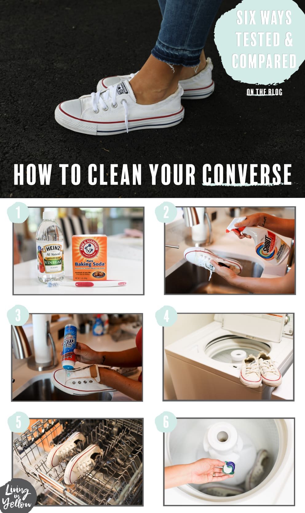Close-up of hands cleaning black Converse tennis shoes with a microfiber cloth, masking tape protecting the black canvas from white rubber sole paste.