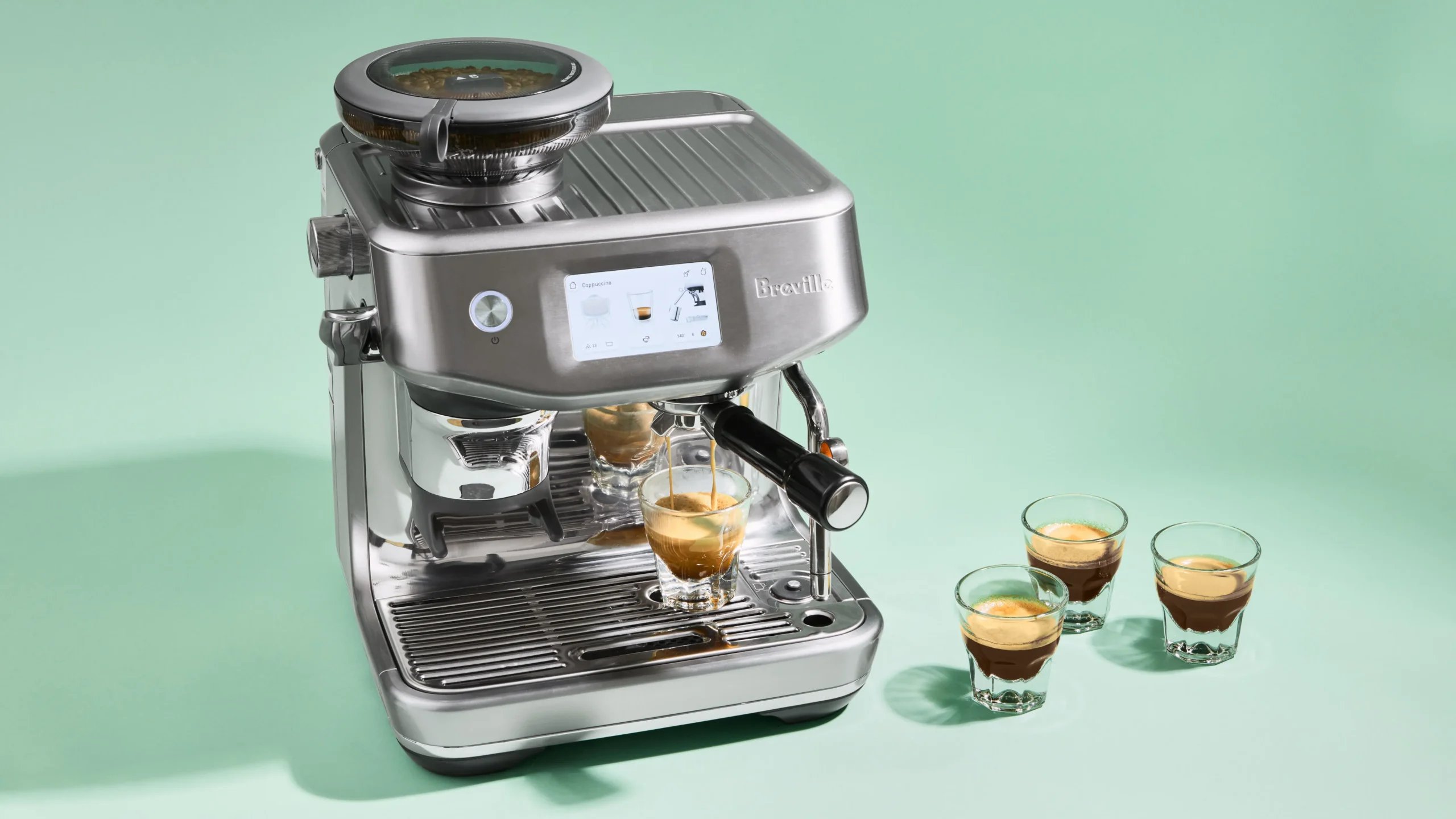 Step-by-step cleaning of a Breville espresso machine showing the group head, shower screen, burr grinder, and steam wand during maintenance for perfect espresso shots.