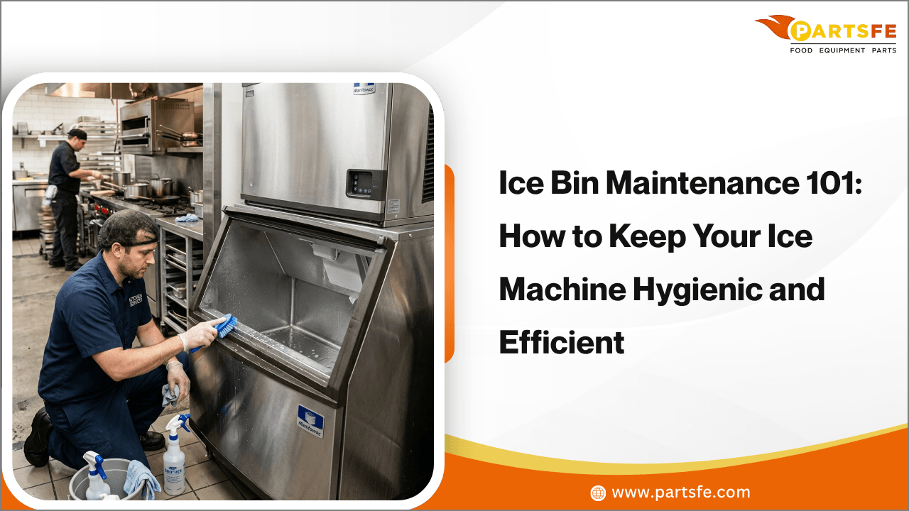Interior of a Hoshizaki ice machine showing stainless steel evaporator, water distribution tube, and float switch during cleaning with brush and descaler solution.