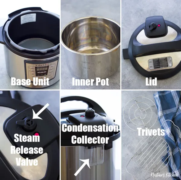Step-by-step guide to clean an Instant Pot, showing disassembled lid, inner pot with rainbow stains, and microfiber cloth wrapped around butter knife for crumb trench.