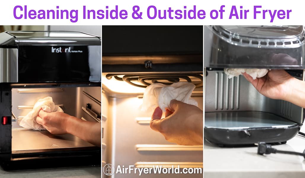Woman wiping clean a Ninja air fryer basket with a microfiber cloth after the steam method and Dawn Powerwash treatment