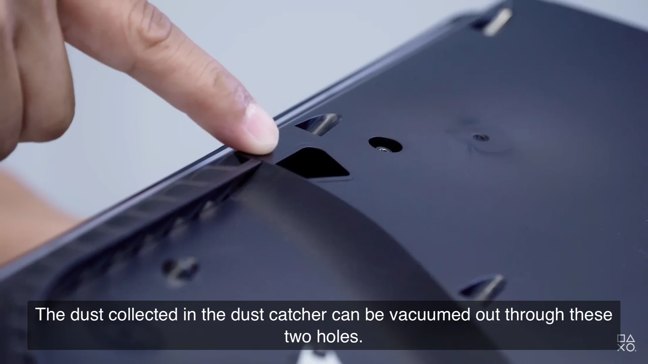 Step-by-step visual guide showing how to clean PlayStation 5 dust catcher ports, fan, and power supply vents safely using a vacuum and Torx screwdriver
