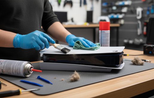 Step-by-step guide cleaning a PlayStation 5 fan using a T8 security screwdriver and vacuum dust catchers inside a disassembled console